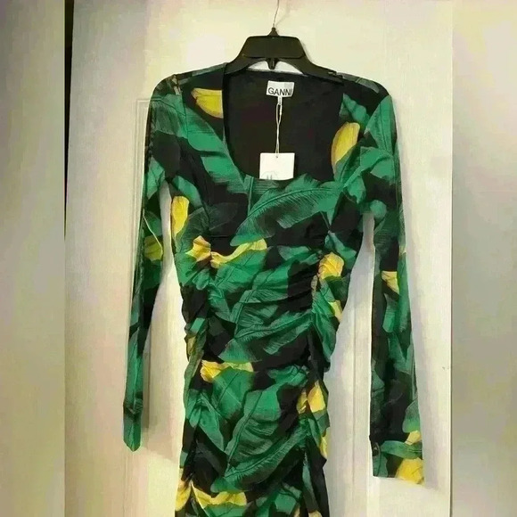 GANNI Tropical Ruched A-Line Midi Dress - Picture 3 of 11